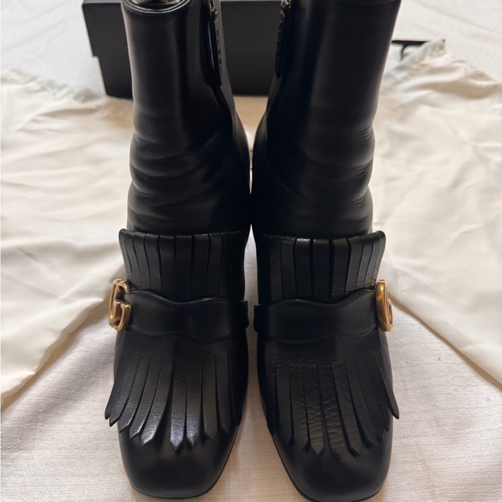 Gucci Marmont Black Calfskin Fringe Ankle Boots Gold GG EU 39.5 / US 9.5 Box - Picture 13 of 15